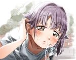  1girl blush brick_wall brown_eyes collarbone commentary_request drinking_fountain hair_behind_ear hair_intakes hair_tucking highres idolmaster idolmaster_cinderella_girls koshimizu_sachiko parted_lips purple_hair shirt short_sleeves solo sweat water white_shirt yukie_(kusaka_shi) 