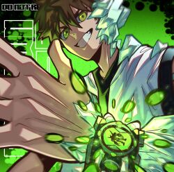  1boy absurdres ben_10 ben_tennyson brown_hair commentary crystal_skin diamondhead english_commentary foreshortening glowing green_background green_eyes green_light grin hair_between_eyes hand_up highres looking_at_viewer male_focus omnitrix ovotheartist_(kidddovo) shirt short_hair smile solo transformation upper_body watermark white_shirt 