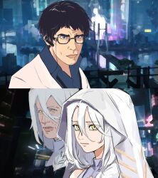  1girl 2boys bare_shoulders black-framed_eyewear black_hair blue_eyes blue_shirt coat collared_shirt eos_(neural_cloud) eyewear_strap facial_hair fangz_onf girls&#039;_frontline_neural_cloud girls_frontline glasses goatee_stubble hair_between_eyes hashtag-only_commentary headset highres hood hood_up hooded_robe lord_eosphoros_(neural_cloud) male_professor_(neural_cloud) meme multiple_boys professor_(neural_cloud) projected_inset robe shirt sketch_background stubble white_coat white_hair white_robe white_shirt wing_collar yellow_eyes zoolander zoolander_stare_(meme) 