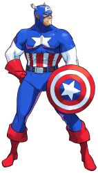  1990s_(style) 1998 1boy absurdres american_flag american_flag_print belt bengus blue_pants boots capcom captain_america flag_print full_body game_cg gloves highres marvel marvel_vs._capcom mask muscular non-web_source official_art pants red_boots red_gloves retro_artstyle shield solo star_(symbol) superhero_costume 