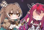  2girls ahoge black_bow black_bowtie black_gloves blush_stickers bow bowtie brown_capelet brown_eyes brown_hair capelet chibi closed_mouth feather_hair_ornament feathers gloves hair_between_eyes hair_ornament highres hololive hololive_english irys_(1st_costume)_(hololive) irys_(hololive) kukie-nyan long_hair multiple_girls nanashi_mumei nanashi_mumei_(1st_costume) partially_fingerless_gloves pointy_ears pushing redhead shaded_face sidelocks smile upper_body virtual_youtuber 