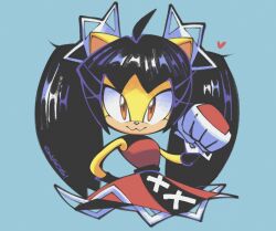  1girl :3 ahoge animal_ears black_hair blue_background cat_ears cat_girl chaoslose commentary dress english_commentary furry furry_female gloves heart highres honey_the_cat long_hair looking_at_viewer paw_pose red_dress simple_background solo sonic_(series) sonic_the_fighters sonic_the_hedgehog_(classic) twintails white_gloves yellow_eyes yellow_fur 