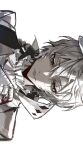  1boy bandaged_hand bandages blood blood_on_hands braid bungou_stray_dogs green_eyes grey_eyes hair_between_eyes heterochromia highres jacket long_hair looking_at_viewer looking_down male_focus nikolai_gogol_(bungou_stray_dogs) parted_lips portrait simple_background single_braid solo white_background white_hair white_headwear white_jacket ya_ta 
