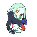  1girl black_jacket can chibi colored_sclera commentary cyberpunk_(series) cyberpunk_edgerunners death_by_lolis energy_drink english_commentary full_body green_eyes green_hair holding holding_can jacket leg_tattoo monster_energy open_mouth rebecca_(cyberpunk) red_sclera smile solo squatting tattoo 