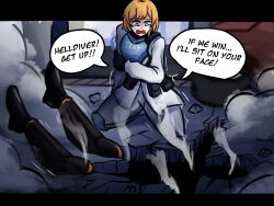  1boy 1girl ammunition_pouch black_gloves blonde_hair blue_eyes boots bulletproof_vest car crater english_text gloves helldiver_(helldivers) helldivers_(series) highres if_we_win_i&#039;ll_sit_on_your_face_(meme) lad_der meme military_uniform motor_vehicle pouch road seaf_soldier_(helldivers) smoke street 