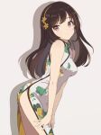  1girl breasts brown_eyes brown_hair china_dress chinese_clothes chocomiru dress floral_print hairband hands_on_own_legs highres leaning long_hair looking_at_viewer original side_slit small_breasts smile solo white_background yellow_hairband 