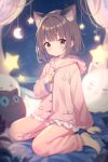  1girl absurdres ai-assisted animal_ears arm_support blush brown_eyes brown_hair closed_mouth curtains highres kinoshita_ringo_(ryve5758) looking_at_viewer night night_sky original pajamas short_hair sitting sky solo star_(symbol) stuffed_toy wariza window 