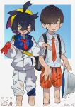  2boys ;d absurdres ahoge black_hair blue_shirt breast_pocket brown_eyes brown_hair collared_shirt commentary_request crossed_bangs florian_(pokemon) gloves hair_between_eyes hairband hat highres holding holding_clothes holding_hat jacket kenta_nagasaki kieran_(pokemon) knees male_focus multiple_boys necktie one_eye_closed open_mouth orange_shorts partially_fingerless_gloves pocket pokemon pokemon_(game) pokemon_sv rain red_necktie school_uniform shirt short_hair shorts single_glove smile wet wet_clothes wet_shirt yellow_eyes yellow_hairband 