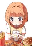  1girl black_eyes blunt_bangs blunt_ends blush bob_cut bright_pupils burger chicken_nuggets closed_mouth commentary cup daughter_(yoru_mac) disposable_cup drink drinking drinking_straw english_commentary food french_fries from_above heart highres holding holding_cup holding_drink light_smile looking_at_viewer looking_up mcdonald&#039;s multicolored_shirt orobou own_hands_together raglan_sleeves red_shirt redhead sauce sesame_seeds shirt short_hair short_sleeves simple_background smile solo t-shirt table upturned_eyes w_arms white_background white_pupils white_shirt yellow_shirt yoru_mac 