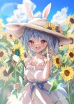  1girl :d absurdres alternate_hairstyle animal_ears blue_hair clouds cloudy_sky dress field flower flower_field hat highres hololive looking_at_viewer orange_eyes rabbit-shaped_pupils rabbit_ears sky smile summer sundress sunflower sunflower_field symbol-shaped_pupils terra_bose thick_eyebrows usada_pekora virtual_youtuber white_dress 
