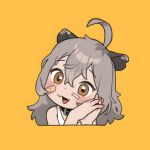  1girl absurdres animal_ears bandaid bandaid_on_face blush brown_eyes child dog_ears grey_hair hair_between_eyes highres open_mouth opossumachine original simple_background yellow_background 