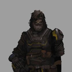  1boy ammunition_belt ammunition_pouch armor bandana beard cape eyepatch facial_hair full_beard gloves gun helldiver_(helldivers) helldivers_(series) helmet looking_at_viewer missing_limb old old_man pauldrons pouch revolver shoulder_armor simple_background single_pauldron skull solo vei0_deseho weapon 