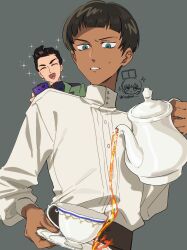  2boys absurdres atharv black_hair chibi chibi_inset closed_eyes commentary_request cup dark-skinned_male dark_skin english_text failure green_eyes grey_background gundam gundam_gquuuuuux highres hmok_asari holding holding_saucer holding_teapot male_focus miguel_serverto multiple_boys open_mouth saucer shirt short_bangs simple_background smile sparkle sweatdrop teacup teapot white_shirt xavier_olivette 