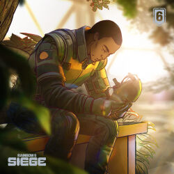  1boy backlighting blurry blurry_background bulletproof_vest buzz_cut character_request commentary copyright_name dark-skinned_male dark_skin depth_of_field english_commentary expressionless feet_out_of_frame gloves green_gloves green_mask green_pants holding holding_mask light_rays looking_down male_focus mask military_combat_uniform military_uniform official_art pants plant rainbow_six_siege short_hair sitting tactical_clothes thick_eyebrows tree unworn_mask very_short_hair 