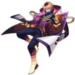  1boy artist_request blonde_hair brown_hair coat coat_on_shoulders full_body gloves gradient_pants highres kai_(omega_strikers) knee_up looking_at_viewer magic multicolored_hair non-web_source official_alternate_costume official_art omega_strikers pants short_hair solo two-tone_hair violet_eyes 
