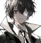  1boy bandage_over_one_eye bandaged_neck bandages black_eyes black_hair black_jacket black_necktie bungou_stray_dogs collared_shirt dazai_osamu_(bungou_stray_dogs) hair_between_eyes highres jacket looking_at_viewer mafia male_focus necktie shirt short_hair simple_background smile solo upper_body white_background white_shirt ya_ta 