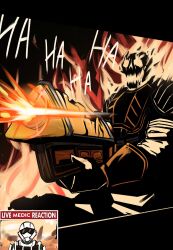  2boys absurdres armor burning desert english_text fire firing flaming_skull frown gloves gun helldiver_(helldivers) helldivers_(series) highres lad_der laser laughing live_tucker_reaction_(meme) meme multiple_boys skull vambraces weapon worried 