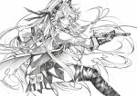  1girl absurdres alpha_(punishing:_gray_raven) bandaged_leg bandages bow fighting_stance folmauth hair_between_eyes hair_bow headgear headphones highres holding holding_sword holding_weapon jacket long_hair long_sleeves lucia:_crimson_abyss_(punishing:_gray_raven) mechanical_arms monochrome punishing:_gray_raven shirt solo sword traditional_media very_long_hair weapon 