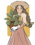  1girl ace_attorney blush border bow bowtie braid brown_eyes brown_headwear capelet closed_mouth cowboy_shot dress flower_pot gloves hair_ornament highres holding holding_flower_pot juniper_woods leaf_hair_ornament long_dress long_hair outside_border pink_dress plant plant_request potted_plant safeneia sidelocks sleeves_rolled_up smile solo split_mouth twin_braids very_long_hair white_border white_gloves yellow_background yellow_bow yellow_bowtie yellow_capelet 