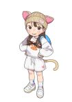  1girl animal_ears backpack bag brown_eyes brown_hair cat_ears cat_tail child full_body hand_on_own_hip hat highres long_hair long_sleeves looking_at_viewer opossumachine original shoes simple_background socks tail white_background white_footwear white_socks 
