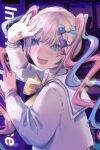  1girl abstract_background absurdres arm_up artist_name blonde_hair blue_bow blue_eyes blue_hair blush bow bowtie chouzetsusaikawa_tenshi-chan commentary drop_shadow english_commentary glint hair_bow hands_up highres internet_overdose looking_to_the_side mikasamu multicolored_eyes multicolored_nails multiple_hair_bows needy_girl_overdose pink_bow pink_eyes pink_hair purple_background purple_bow quad_tails school_uniform serafuku smile solo song_name upper_body white_serafuku yellow_bow yellow_bowtie 