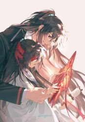  1boy age_progression black_eyes black_hair black_sleeves black_vest collared_shirt crying hand_on_another's_hand heterochromia highres holding_kite hong_lu_(project_moon) kite limbus_company long_hair mugglesix open_mouth pink_background project_moon red_blindfold robe shirt simple_background smile streaming_tears string sunlight tears teeth twitter_username upper_body very_long_hair vest white_robe white_shirt wide_sleeves 