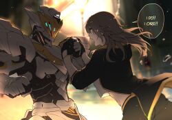  2girls absurdres armor belly black_gloves black_jacket english_text firefly_(honkai:_star_rail) gloves glowing_headgear grabbing_another&#039;s_hand green_light grey_armor grey_hair highres honkai:_star_rail honkai_(series) huybu51 jacket long_hair multiple_girls open_clothes open_jacket open_mouth power_armor sam_(honkai:_star_rail) shirt sparkle speech_bubble star_(symbol) stellaron_hunters_(honkai:_star_rail) stelle_(honkai:_star_rail) trailblazer_(honkai:_star_rail) water_drop white_shirt 