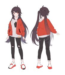  1girl absurdres ahoge alternate_costume arms_at_sides black_pants blunt_sidelocks brown_hair closed_mouth colored_shoe_soles commentary contrapposto dot_nose english_commentary eyebrows_hidden_by_hair flat_chest from_behind full_body genshin_impact grey_shirt hair_between_eyes hair_tie highres hoyofair hu_tao_(genshin_impact) invisible_floor jacket legs_apart long_eyelashes long_hair long_sidelocks long_sleeves looking_at_viewer multiple_views open_clothes open_hands open_jacket orange_eyes orange_jacket orange_shoes pants pants_rolled_up parted_bangs parted_hair pocket print_shirt puffy_long_sleeves puffy_sleeves raised_eyebrows reference_sheet shirt shoes sidelocks simple_background single_off_shoulder smile sneakers standing star-shaped_pupils star_(symbol) symbol-shaped_pupils thick_eyelashes torn_clothes torn_pants turnaround twintails unzipped vertigris very_long_hair white_background white_shoes white_sneakers zipper 