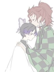  belt blue_butterfly bug butterfly butterfly_on_hand checkered_clothes checkered_haori cosplay demon_slayer_uniform earrings flower gradient_hair hanafuda hanafuda_earrings haori highres japanese_clothes jewelry kamado_tanjirou katana kimetsu_gakuen kimetsu_no_yaiba kissing_hair kochou_shinobu kochou_shinobu_(cosplay) long_hair multicolored_hair purple_butterfly scar scar_on_face scar_on_forehead slpdtt sword updo weapon white_belt wisteria 