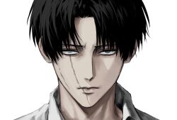  1boy black_eyes black_hair blind_eye curtained_hair expressionless highres levi_(shingeki_no_kyojin) lips looking_at_viewer male_focus portrait scar scar_across_eye scar_across_eyebrow scar_on_cheek scar_on_chin scar_on_face scar_on_mouth shingeki_no_kyojin shirt short_hair simple_background solo sso_s white_background white_shirt 