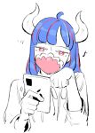  1girl ahoge apple_inc. blue_hair cellphone covered_mouth curled_horns dinosaur_girl holding holding_phone horns iphone long_hair mask mouth_mask multicolored_hair musical_note one_piece phone pink_eyes pink_hair pink_mask raine_(acke2445) smartphone solo streaked_hair ulti_(one_piece) 