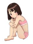  1girl absurdres bare_legs bare_shoulders barefoot brown_eyes brown_hair child feet highres looking_at_viewer opossumachine original short_hair short_shorts shorts simple_background sitting smile solo sports_bra sportswear white_background 