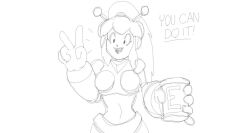  1girl antennae armor armored_gloves atomictiki bikini_armor breasts can commentary cowboy_shot energy_tank english_commentary greyscale hair_ribbon hairband hand_up happy headphones holding holding_can hyper_roll_(marvel_vs._capcom) joints large_breasts lineart long_hair looking_at_viewer marvel_vs._capcom mechanical_arms mechanical_legs mega_man_(classic) mega_man_(series) monochrome non-web_source notice_lines open_mouth ponytail radio_antenna ribbon robot robot_girl robot_joints roll_(mega_man) shoulder_armor sidelocks sketch smile solo v 