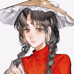  ajirogasa bindi black_hair braid brown_eyes brown_hat capelet dress frilled_hat frills grey_dress hat heinrich_(fernanderuddle) highres long_earlobes long_hair red_capelet snow touhou twin_braids white_background yatadera_narumi 