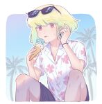  1boy black_shorts black_wristband blonde_hair blue_background border commentary earrings eyewear_on_head floral_print food hair_tucking hawaiian_shirt highres holding holding_food holding_ice_cream ice_cream ice_cream_cone jewelry knees knees_up kome_1022 licking lio_fotia male_focus mint_chocolate official_alternate_costume otoko_no_ko outdoors palm_tree promare shirt short_hair shorts sitting solo sunglasses sweat symbol-only_commentary tongue tongue_out tree triangle_earrings violet_eyes white_border white_shirt 
