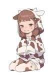 1girl absurdres animal_costume animal_ears animal_print brown_eyes brown_hair child cow_ears cow_girl cow_print fake_animal_ears full_body highres looking_at_viewer low_twintails opossumachine original simple_background sitting thigh-highs twintails white_background 