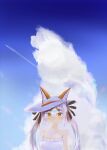  1girl animal_ears bare_shoulders blue_sky clouds dress extra_ears fox_ears fox_girl grey_hair hat island_fox_(kemono_friends) kemono_friends kemono_friends_v_project looking_at_viewer multicolored_hair nekomimi_illust orange_hair ribbon sky solo summer sundress twintails two-tone_hair virtual_youtuber yellow_eyes 