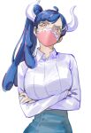  1girl ahoge blue_hair blue_skirt breasts collared_shirt covered_mouth crossed_arms curled_horns dinosaur_girl horns large_breasts long_hair looking_at_viewer mask mouth_mask multicolored_hair one_piece pink_eyes pink_hair pink_mask ponytail raine_(acke2445) shirt shirt_tucked_in simple_background skirt solo streaked_hair ulti_(one_piece) white_background white_shirt 