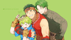  3boys 91007 artist_name belt blue_shirt boyd_(fire_emblem) brothers brown_belt brown_gloves closed_eyes closed_mouth commentary_request fingerless_gloves fire_emblem fire_emblem:_path_of_radiance gloves green_background green_hair grin hand_on_another&#039;s_head hand_on_own_hip hand_up headband height_difference highres male_focus multiple_boys open_mouth orange_headband oscar_(fire_emblem) red_shirt rolf_(fire_emblem) shirt short_hair short_sleeves siblings signature simple_background sleeveless sleeveless_shirt smile twitter_username upper_body watermark 