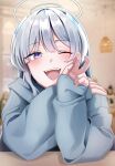  1girl :d absurdres blue_archive blue_hoodie blush grey_hair halo highres hood hoodie long_hair long_sleeves mechanical_halo noa_(blue_archive) nyong_sang one_eye_closed open_mouth smile solo upper_body violet_eyes 