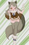  1girl animal_ears brown_eyes eastern_wolf_(kemono_friends)_(old_design) extra_ears full_body gloves grey_hair highres kemono_friends kneehighs long_hair looking_at_viewer necktie notora one_eye_closed scarf shirt shoes simple_background skirt socks solo tail vest wolf_ears wolf_girl wolf_tail 