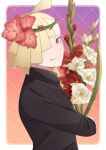  1boy ahoge alternate_costume blonde_hair border bouquet collared_shirt commentary_request eyelashes flower from_side gladion_(pokemon) green_eyes grin hair_flower hair_ornament hair_over_one_eye highres holding holding_flower looking_at_viewer looking_to_the_side male_focus mocacoffee_1001 pink_flower pokemon pokemon_(game) pokemon_sm shirt short_hair smile solo teeth upper_body white_border 