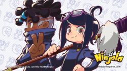  1girl black_hair blue_jacket blue_sleeves cosplay covered_mouth crossover dreadlocks english_commentary eye_mask eyelashes from_side glasses gumchi hair_tie highres holding holding_pole inumaki_toge inumaki_toge_(cosplay) jacket jane_(ninjala) jujutsu_kaisen kinky_hair looking_at_viewer mandarin_collar medium_hair ninjala nose official_art outline pole popped_collar profile purple-framed_eyewear purple_outline rianti-wong ron_(ninjala) second-party_source semi-rimless_eyewear short_hair side_cut smile swept_bangs upper_body v white_hair wig yellow_eyes zen&#039;in_maki zen&#039;in_maki_(cosplay) 