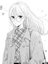  1girl :/ bag belt blurry buttons closed_mouth collared_jacket collared_shirt commentary depth_of_field eyelashes flower glasses gold_osmanthus greyscale handbag highres jacket long_hair long_sleeves looking_at_viewer monochrome open_clothes open_jacket original osmanthus plaid plaid_shirt round_eyewear saitou_shiori_(pixiv14549321) shirt shirt_tucked_in shoulder_bag simple_background solo stippling_(texture) unmoving_pattern upper_body wavy_hair 