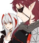  1boy 1girl arknights black_jacket collar collarbone eyepatch highres hoederer_(arknights) horns jacket looking_at_another meme one_eye_covered ong_(fyza2772) open_clothes open_jacket pointy_ears red_horns redhead scar scar_across_eye sideburns surprised w_(arknights) white_background white_hair 
