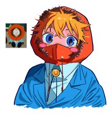  1boy absurdres blonde_hair blue_eyes blue_jacket blush_stickers collared_shirt covered_mouth highres hood hood_up jacket kenny_mccormick looking_at_viewer male_focus neko_manma orange_hood screenshot_inset shirt simple_background solo south_park suit_jacket white_background white_shirt 