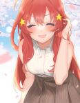  1girl :d ^_^ adjusting_hair ahoge arm_at_side bare_arms blurry blush breasts brown_skirt casual cherry_blossoms closed_eyes commentary cowboy_shot day depth_of_field double-parted_bangs eyelashes facing_viewer falling_petals go-toubun_no_hanayome hair_between_eyes hair_ornament hand_up happy high-waist_skirt highres kakato_0 large_breasts leaning_forward long_hair nakano_itsuki open_mouth outdoors petals redhead shirt sidelocks skirt sleeveless sleeveless_shirt smile solo spring_(season) standing star_(symbol) star_hair_ornament very_long_hair wavy_hair white_shirt 