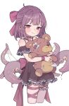  1girl absurdres blush bow commentary cropped_legs dress fallenshadow hair_bow highres holding holding_stuffed_toy indie_virtual_youtuber looking_at_viewer opossumachine purple_hair ribbon short_hair stuffed_animal stuffed_toy teddy_bear tentacles thigh_strap virtual_youtuber 