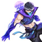  1boy absurdres artist_request belt black_hair blue_eyes covered_mouth crop_top dual_persona grey_hair highres jewelry midriff multicolored_hair muscular muscular_male non-web_source official_art omega_strikers pants ring rune_(omega_strikers) sleeveless slit_pupils two-tone_hair 