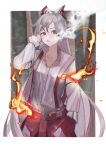  1girl arm_up border bow bright_pupils brown_eyes buttons chromatic_aberration cigarette collarbone collared_shirt commission cowboy_shot cropped_legs dress_shirt fire fujiwara_no_mokou grey_hair grey_shirt hair_bow hand_in_own_hair hand_in_pocket hand_on_own_head highres long_hair long_sleeves pants red_bow red_pants shirt sleeve_garter smoke smoking solo standing suspenders tatame touhou very_long_hair white_border white_bow white_pupils 